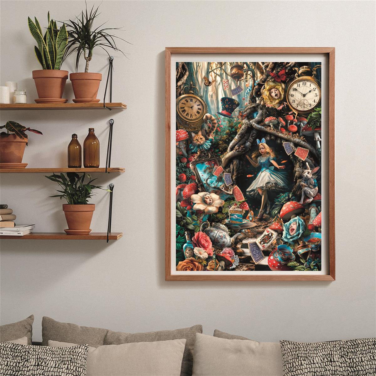 Vibrant Alice in Wonderland artwork: Alice in a surreal forest surrounded by story characters, clocks, and playing cards