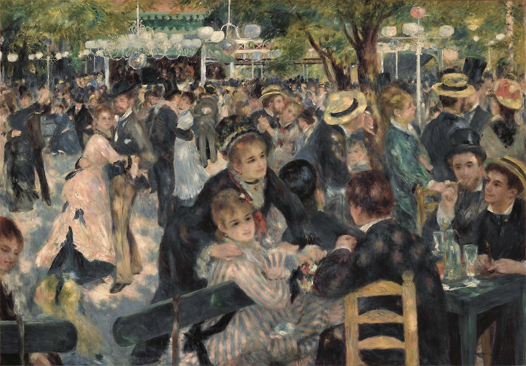 A crowded outdoor scene with people dancing and socializing at tables under trees and hanging lanterns