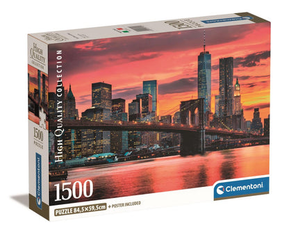 1500-piece puzzle box with a vibrant image of the Brooklyn Bridge and NYC skyline reflecting on water at sunset