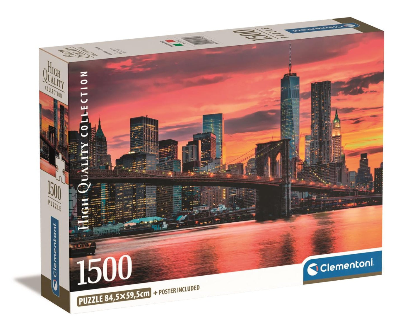 1500-piece puzzle box with a vibrant image of the Brooklyn Bridge and NYC skyline reflecting on water at sunset