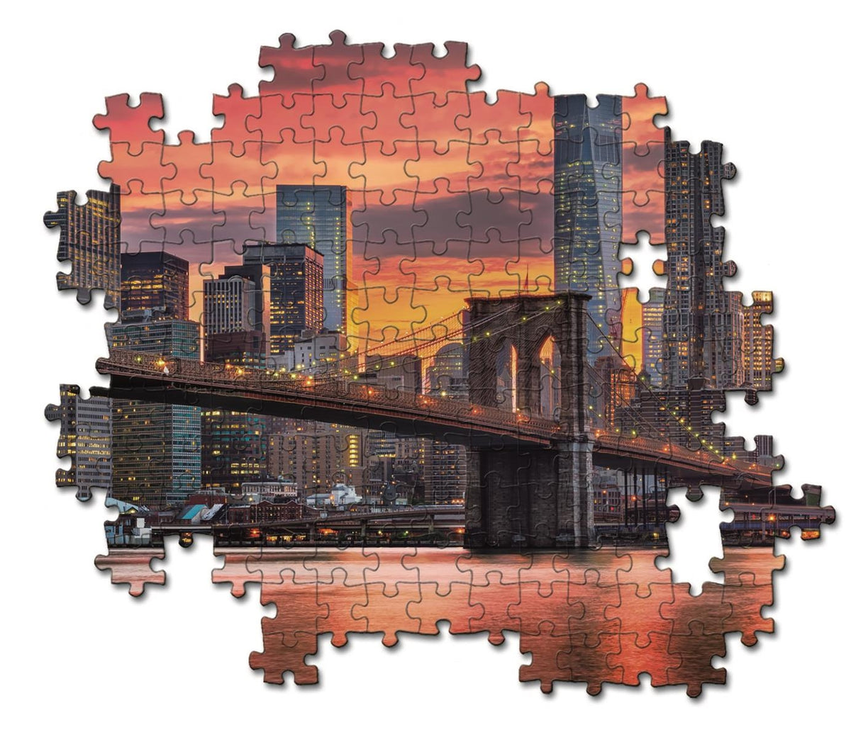Almost complete jigsaw puzzle: Brooklyn Bridge and NYC skyline at dusk, lights reflecting on water, a few pieces missing
