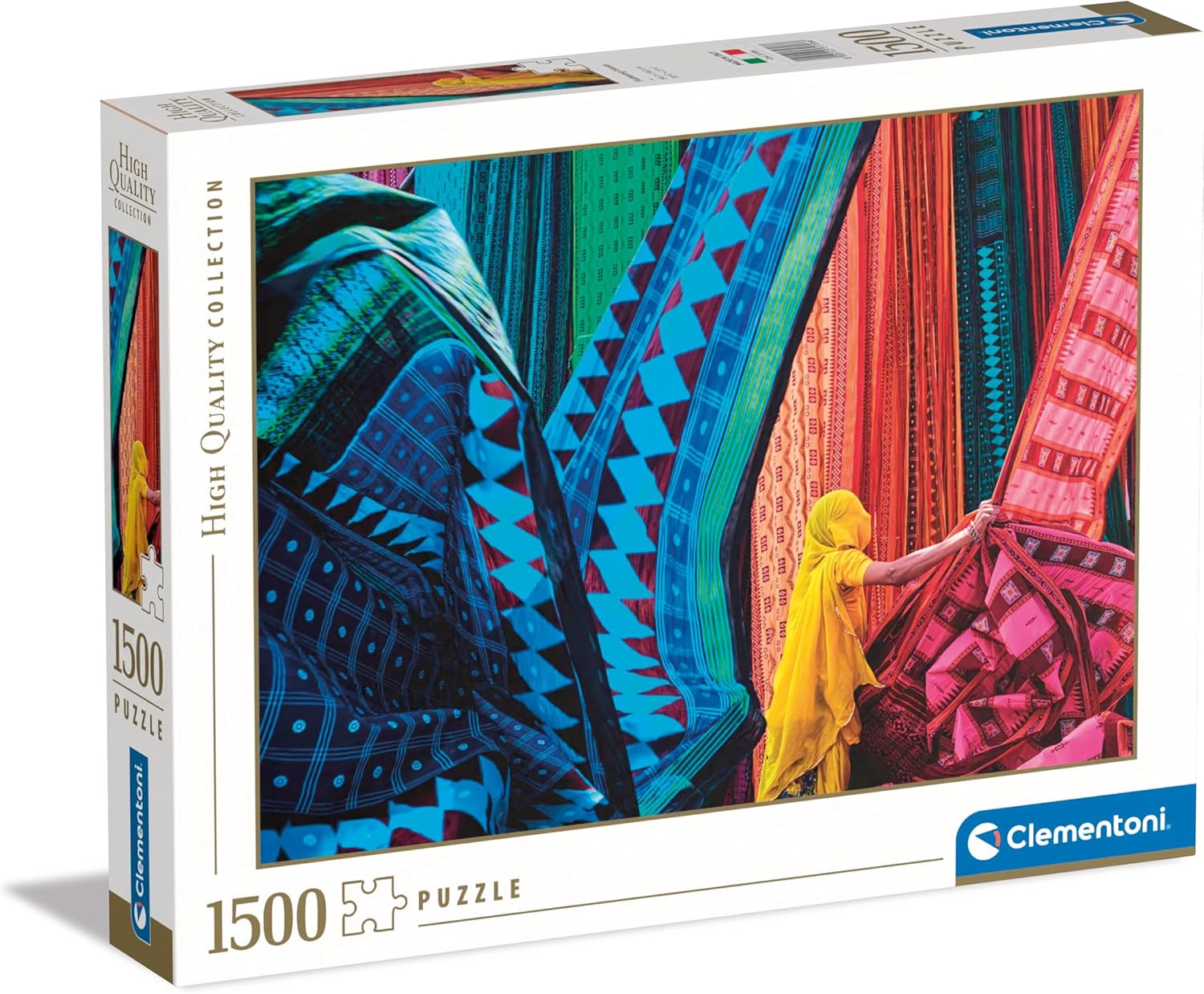 Puzzle box showing a person in yellow adjusts a pink patterned sari among many colorful hanging textiles
