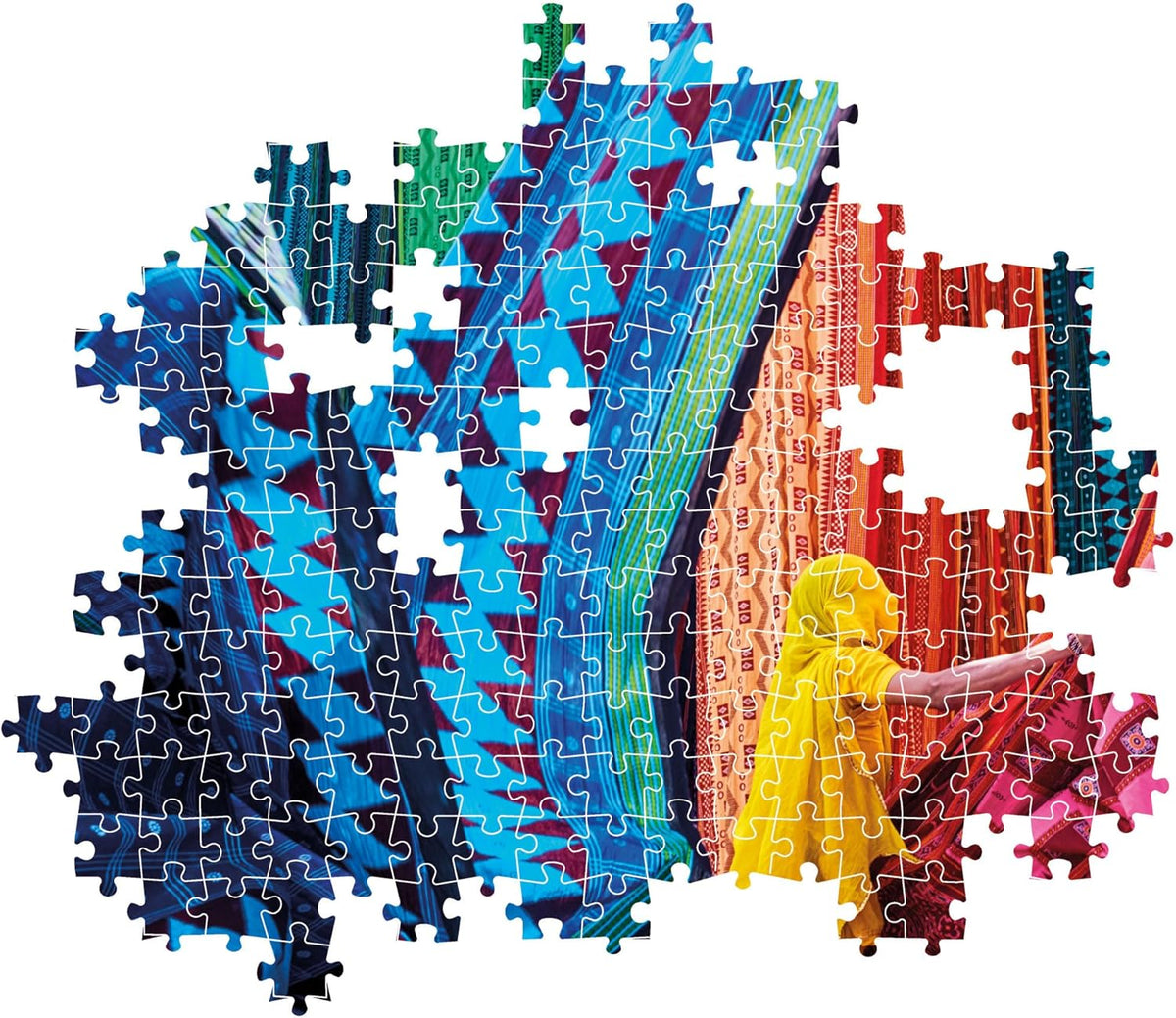 Jigsaw puzzle showing a person in yellow reaching for vibrant, patterned fabrics