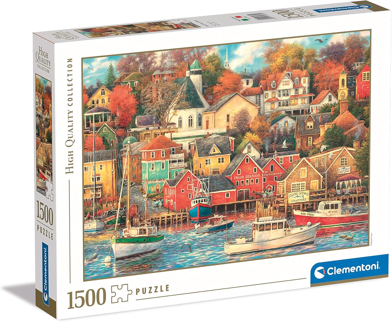 Jigsaw puzzle box with a vibrant painting of a harbor town, boats, colorful houses, and autumn trees