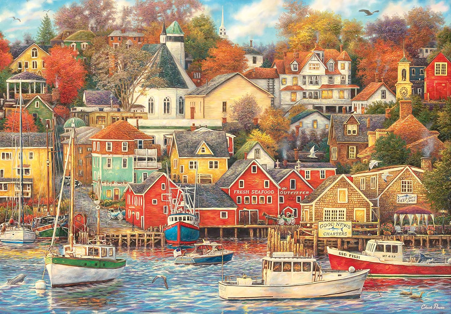 Vibrant painting of a coastal fishing village in autumn, with colorful houses on hills overlooking boats in the harbor