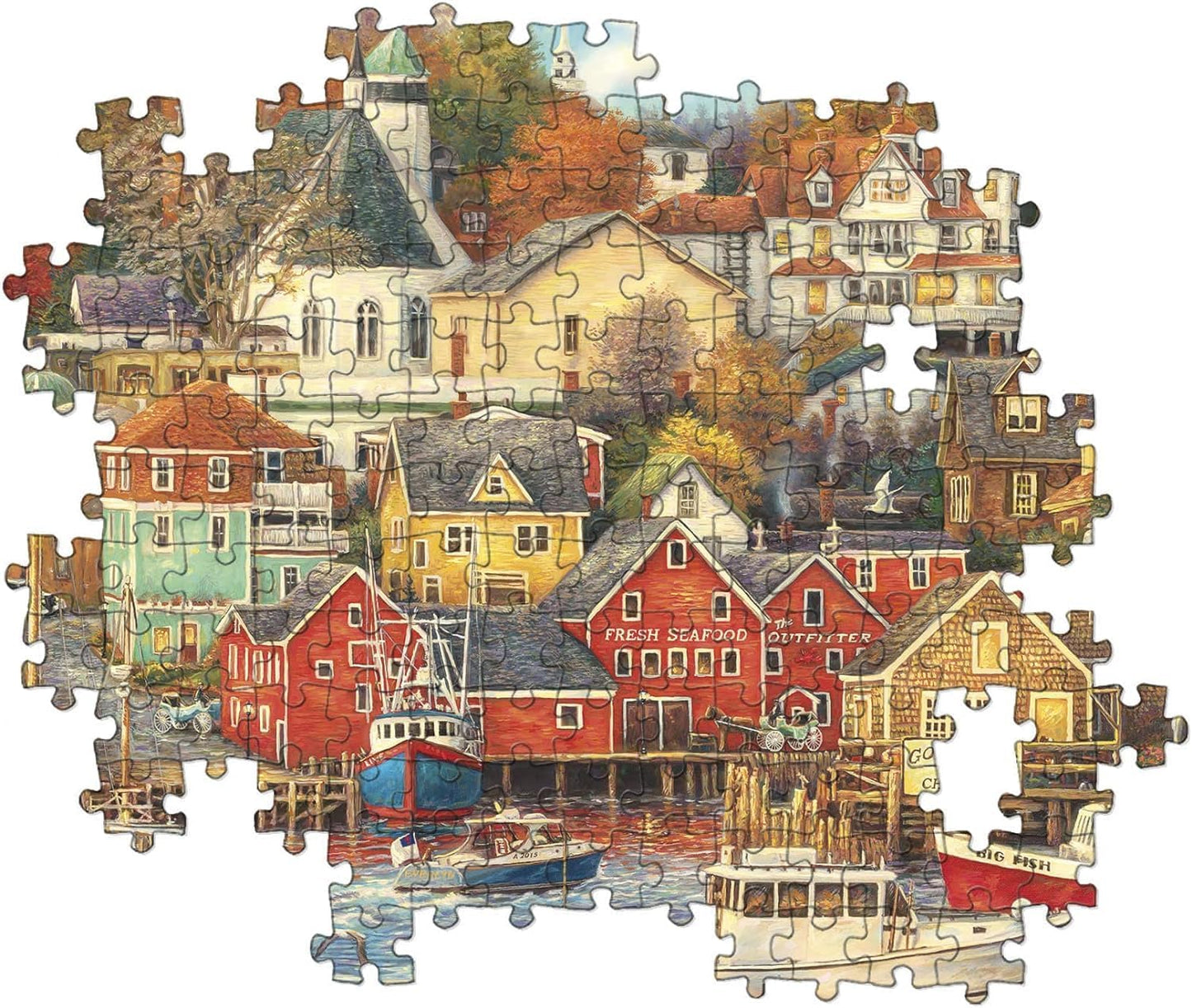 An incomplete jigsaw puzzle of a colorful fishing village, featuring red waterfront buildings, boats, and a church steeple
