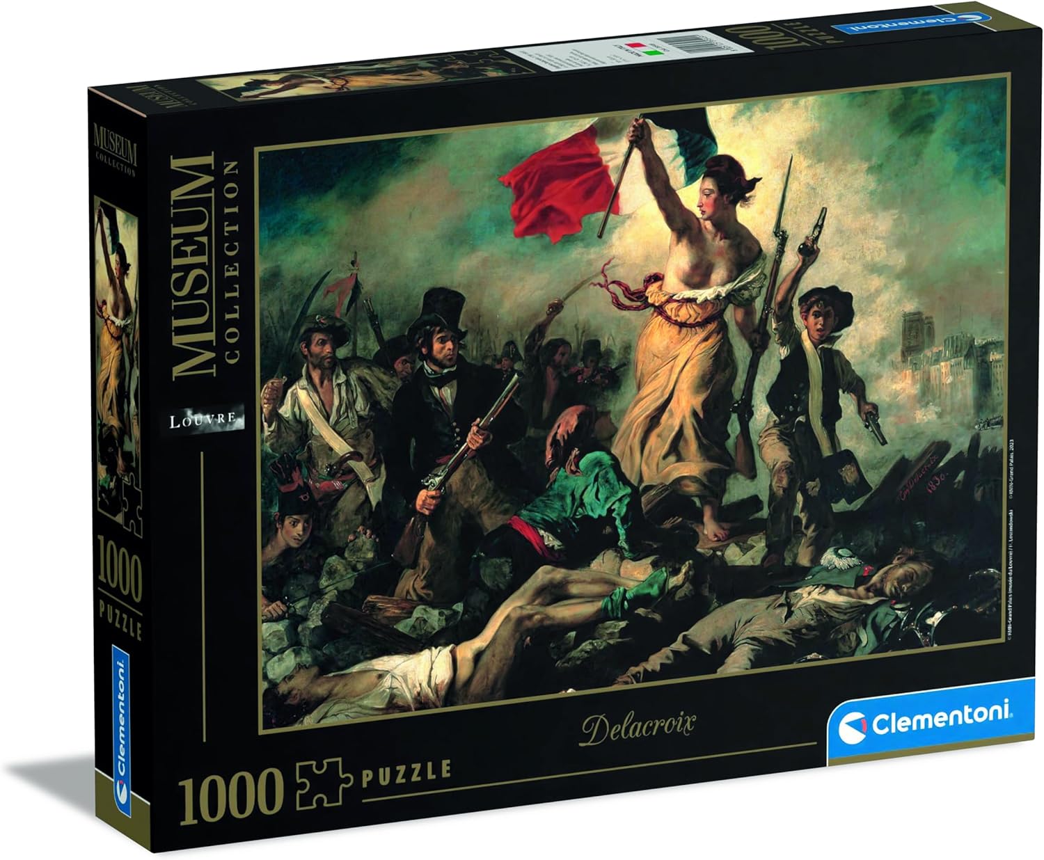 A puzzle box features Delacroix's Liberty Leading the People: a bare-chested woman holding a French flag and rifle leads revolutionaries