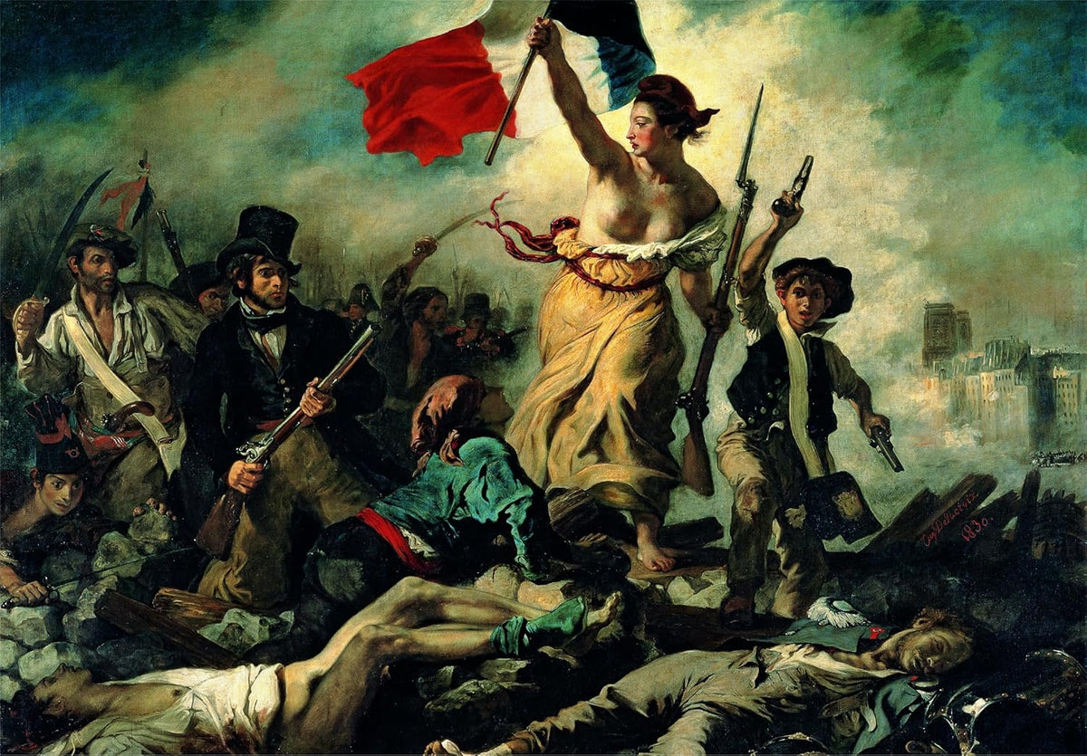 Lady Liberty, bare-chested, raises a French flag and musket, leading revolutionaries over dead bodies in battle