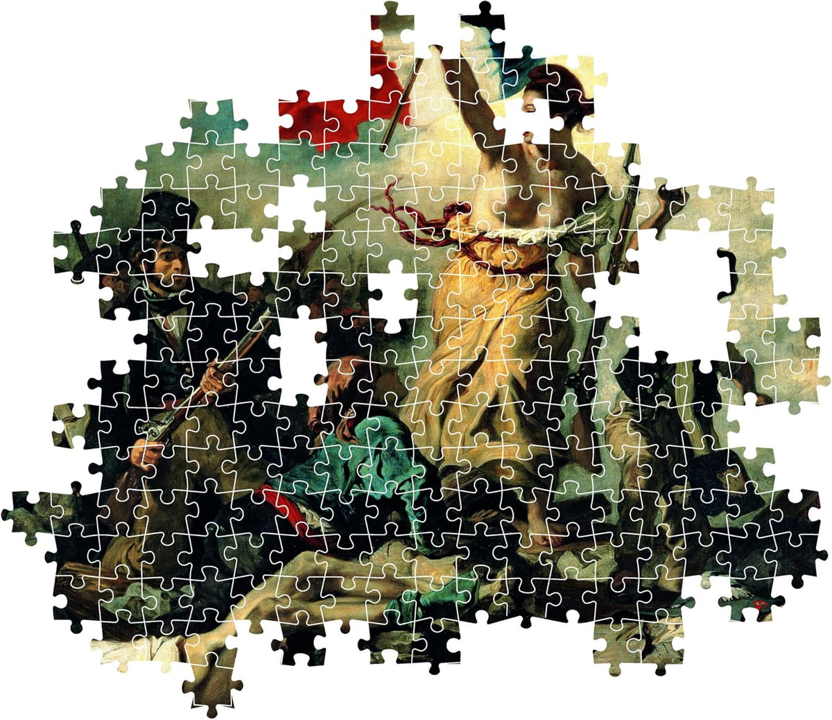 Jigsaw puzzle of &#39;Liberty Leading the People,&#39; with missing pieces. Liberty holds the French flag aloft