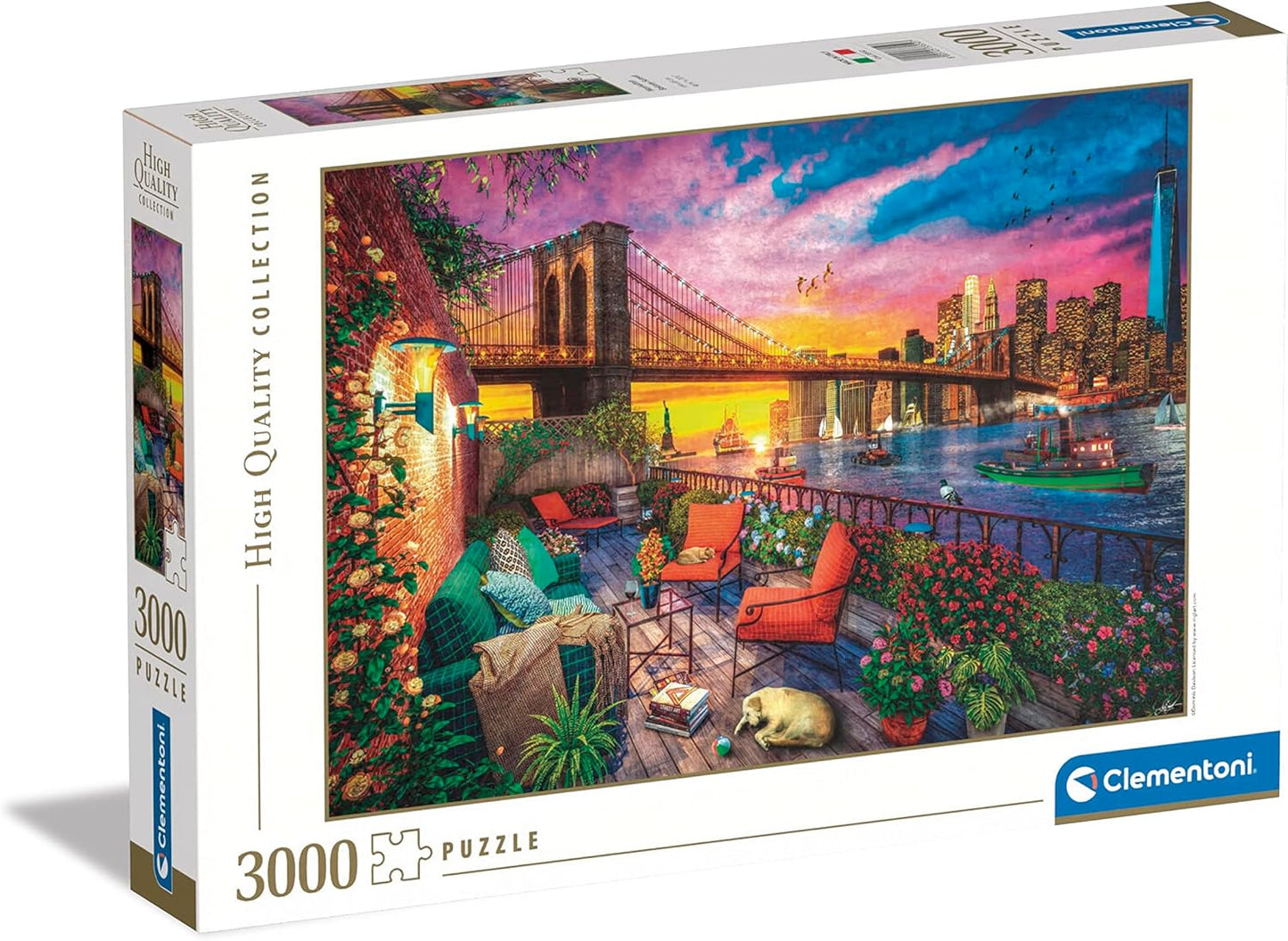 A 3000-piece puzzle box showing a vibrant Manhattan sunset scene with Brooklyn Bridge, city skyline, and a cozy terrace with pets