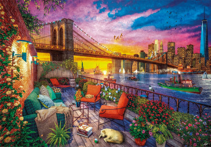 Colorful Manhattan rooftop patio with lounging pets and plants, overlooking the Brooklyn Bridge and city skyline at sunset