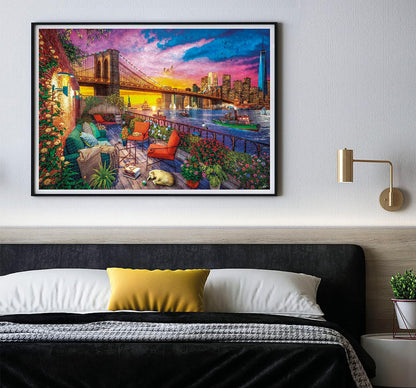 Vibrant framed puzzle of a balcony, Brooklyn Bridge, and skyline at sunset with a sleeping dog