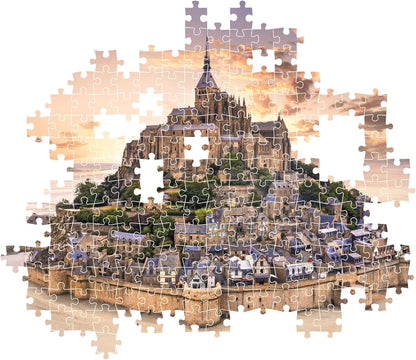 Mont Saint-Michel at sunset, depicted as a jigsaw puzzle with missing pieces