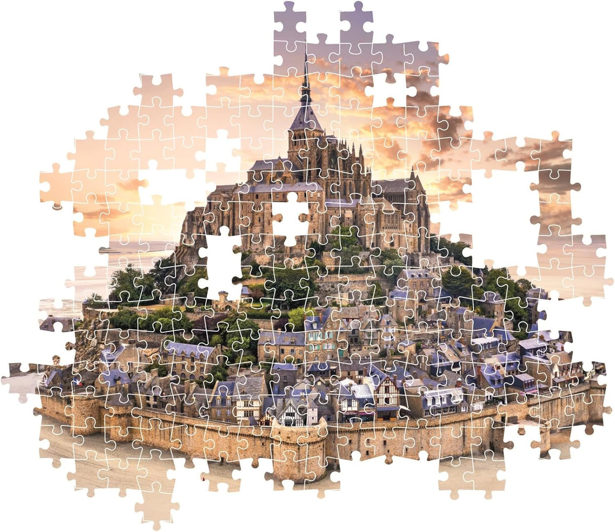Mont Saint-Michel at sunset, depicted as a jigsaw puzzle with missing pieces