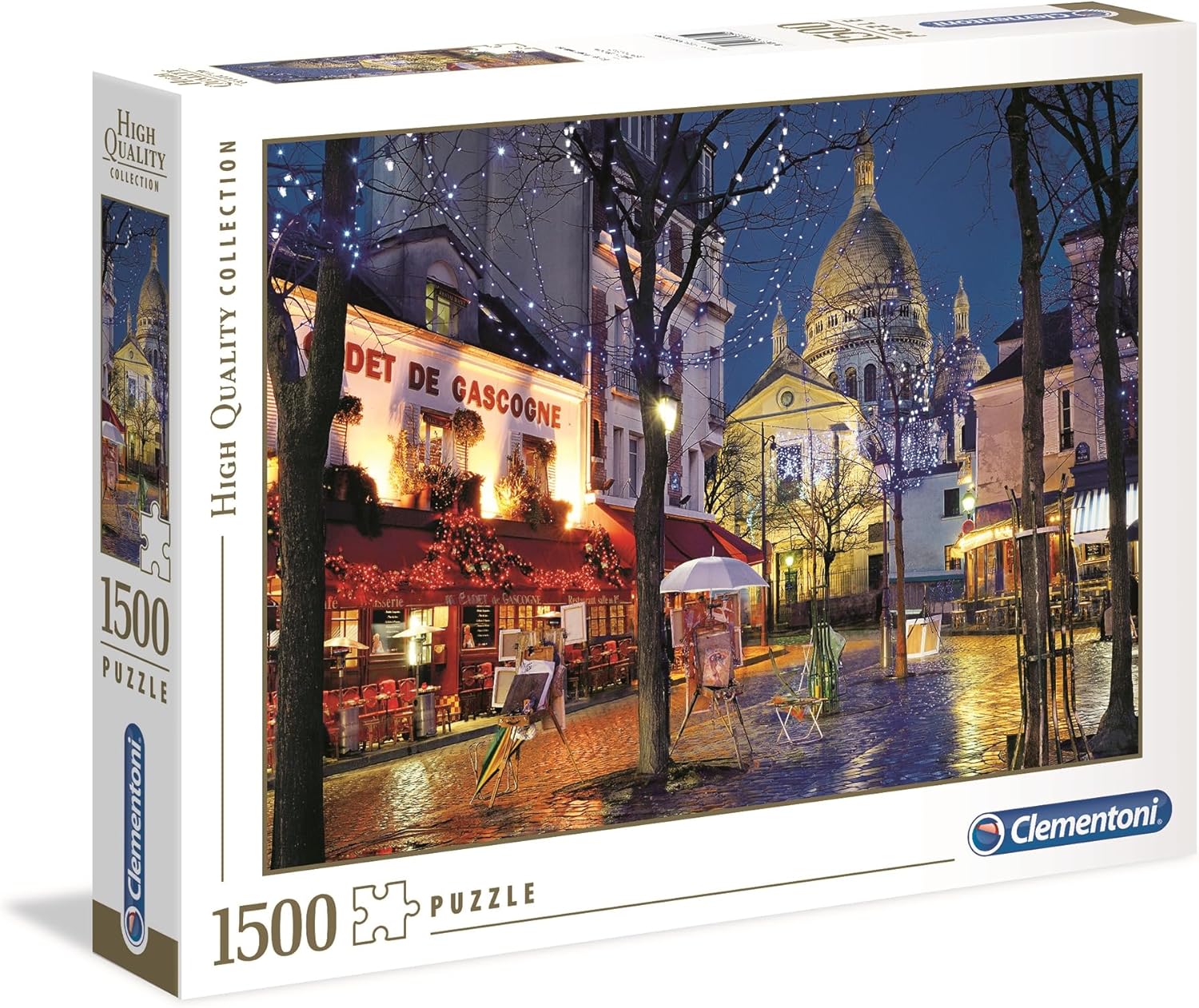 1500-piece puzzle box with a night scene of a Paris street, a lit-up cafe, and an artist's easel