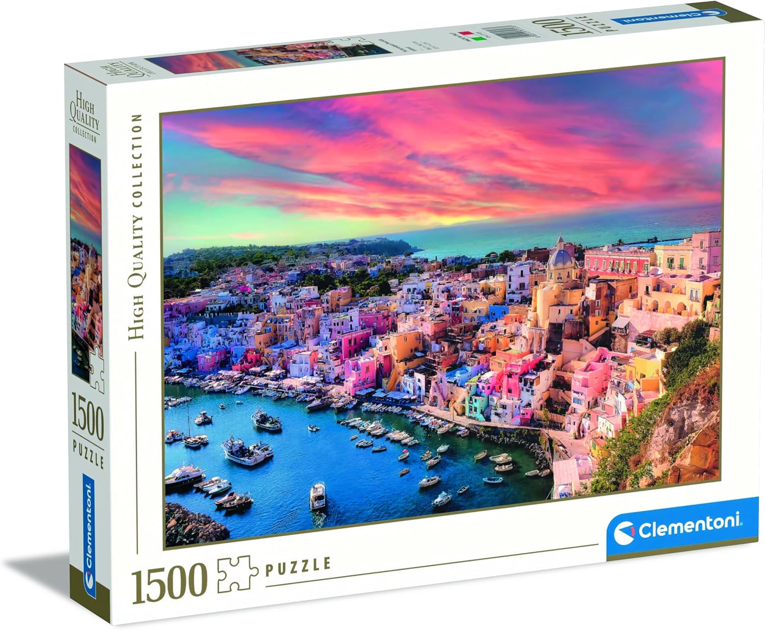 1500-piece Clementoni puzzle box depicting a vibrant coastal town with a harbor full of boats and a pink sunset