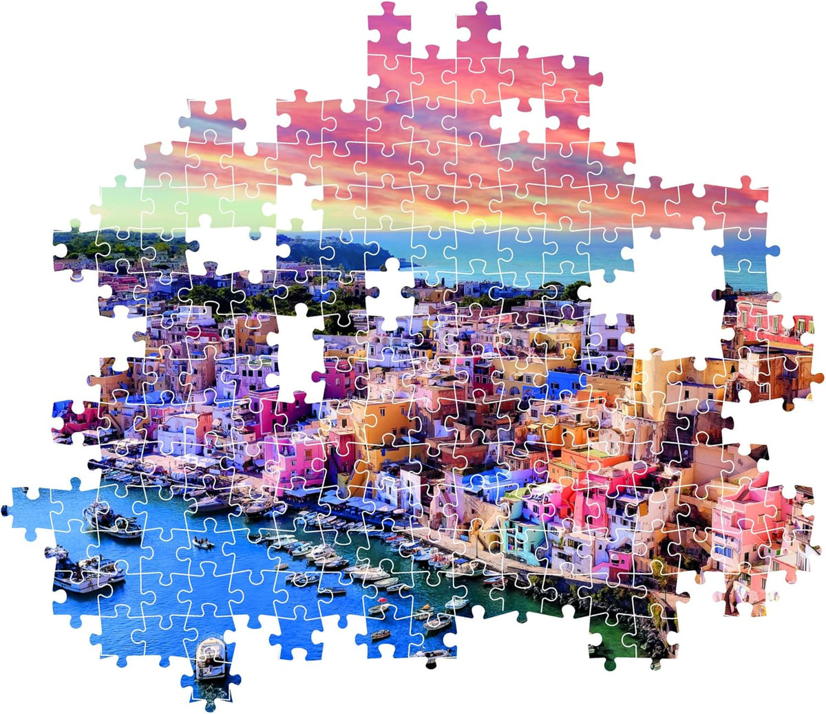 Unfinished jigsaw puzzle of a vibrant coastal town, featuring colorful buildings, boats in a harbor, and sunset sky