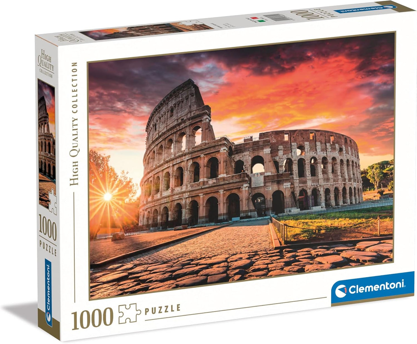 A 1000-piece puzzle box showing Rome's Colosseum at fiery sunset with sun rays