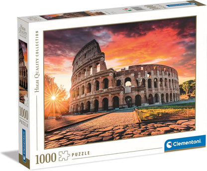 A 1000-piece puzzle box showing Rome's Colosseum at fiery sunset with sun rays