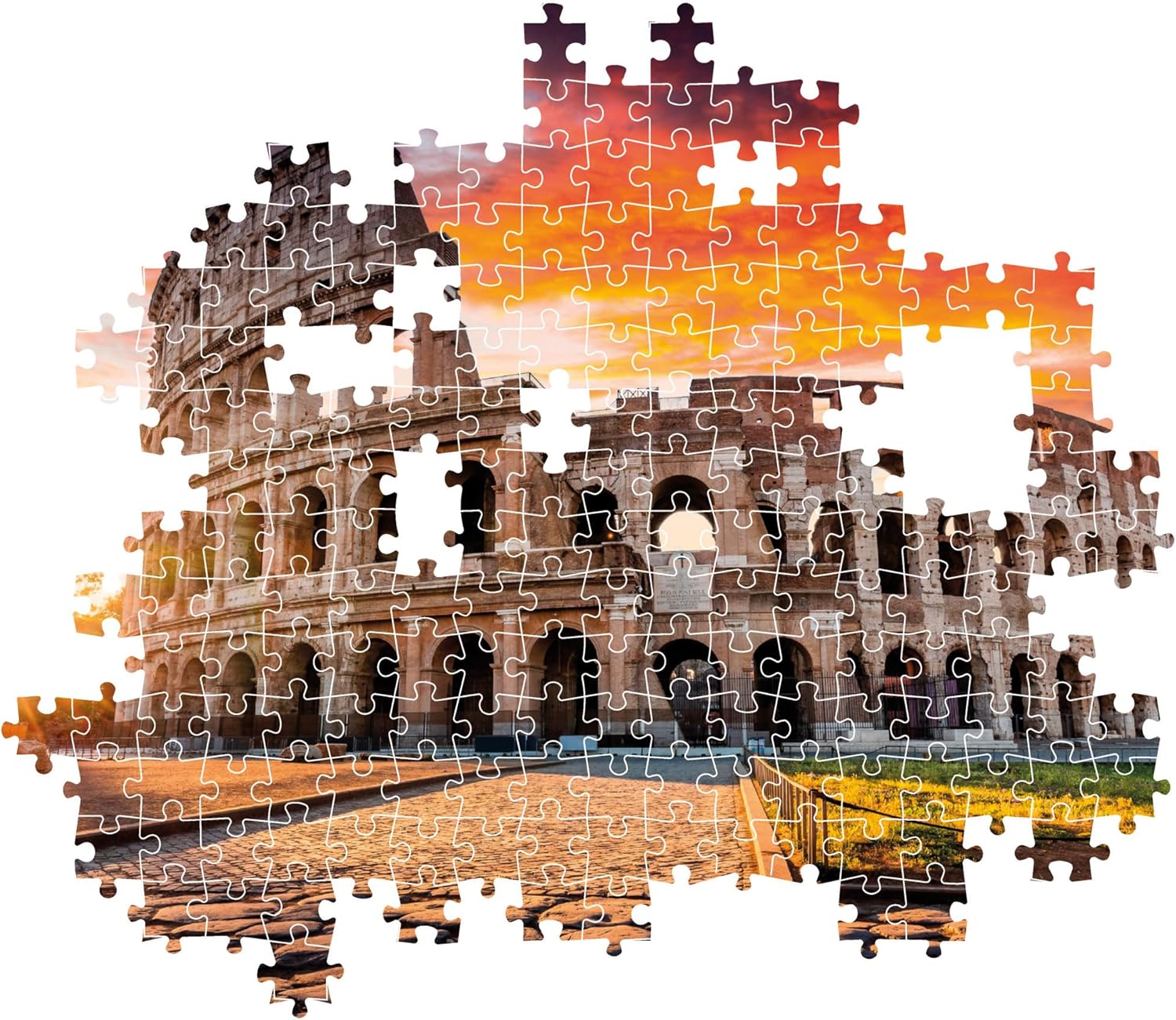Partially assembled jigsaw puzzle of the Colosseum in Rome, against an orange sunset