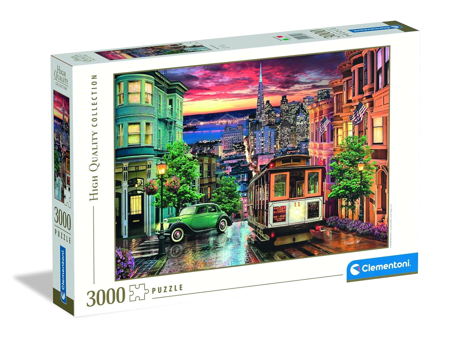 3000-piece puzzle box: San Francisco street, cable car, vintage car, wet pavement, vibrant sunset over city skyline