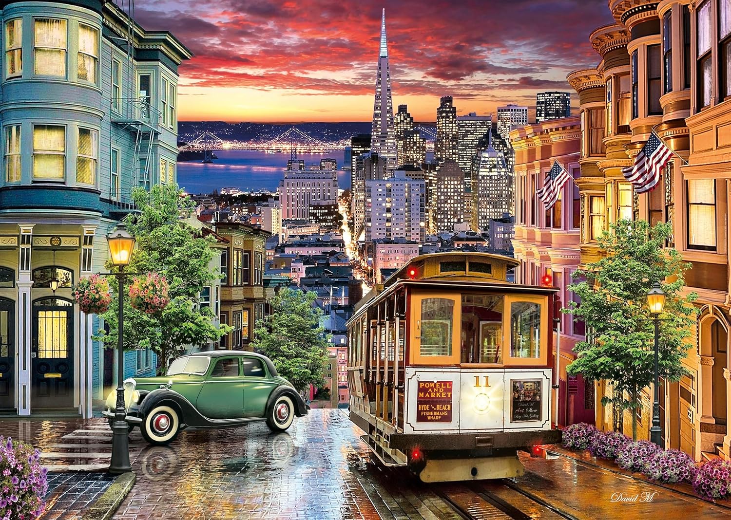San Francisco cable car, vintage car, Victorian homes, and city skyline under a dramatic red sunset