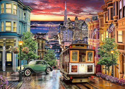 San Francisco cable car, vintage car, Victorian homes, and city skyline under a dramatic red sunset
