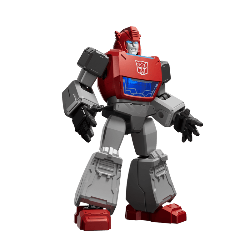 Red and gray robot action figure with blue chest plate