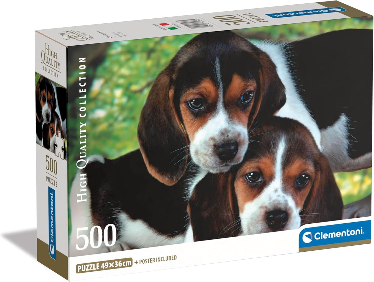 Clementoni High Quality Collection 500-piece puzzle box featuring two brown, black, and white beagle puppies looking forward, close together