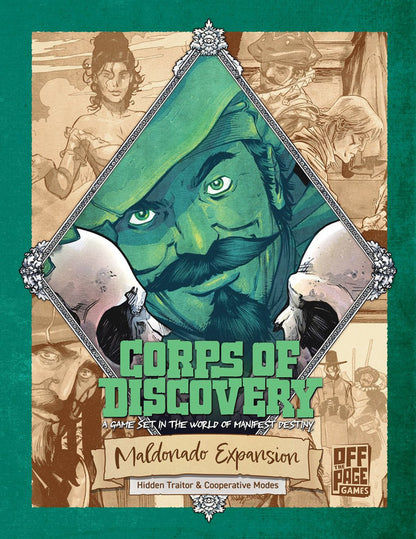 Cover for 'Corps of Discovery: Maldonado Expansion' features a stern man in a green hat with green eyes, surrounded by faded figures