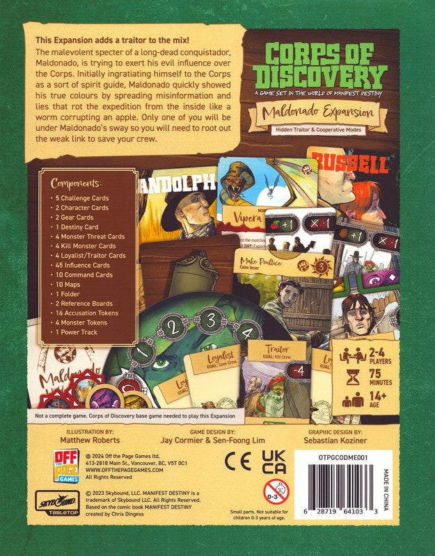 Back of "Corps of Discovery: Maldonado Expansion" box. Features cards, components, and text about a hidden traitor