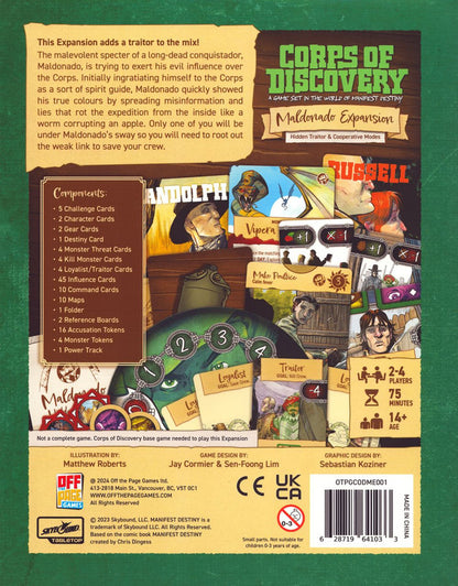 Back of "Corps of Discovery: Maldonado Expansion" box. Features cards, components, and text about a hidden traitor