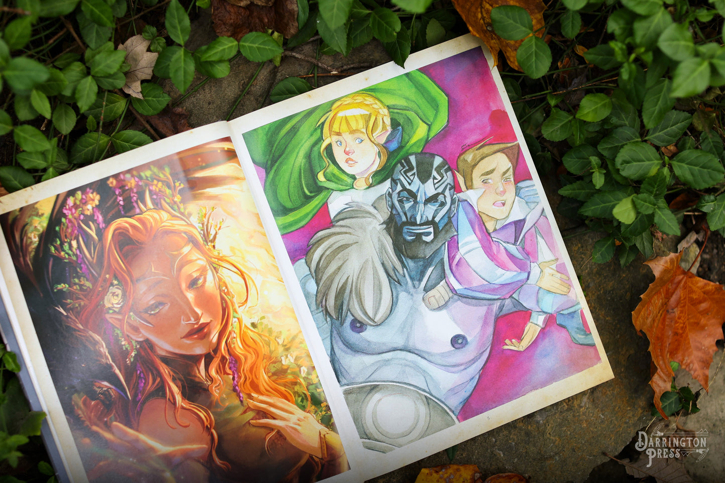 Open book on stone & foliage. Left: Detailed fantasy art of a red-haired elf. Right: WaterColour of a blonde elf, masked man, and person in stripes