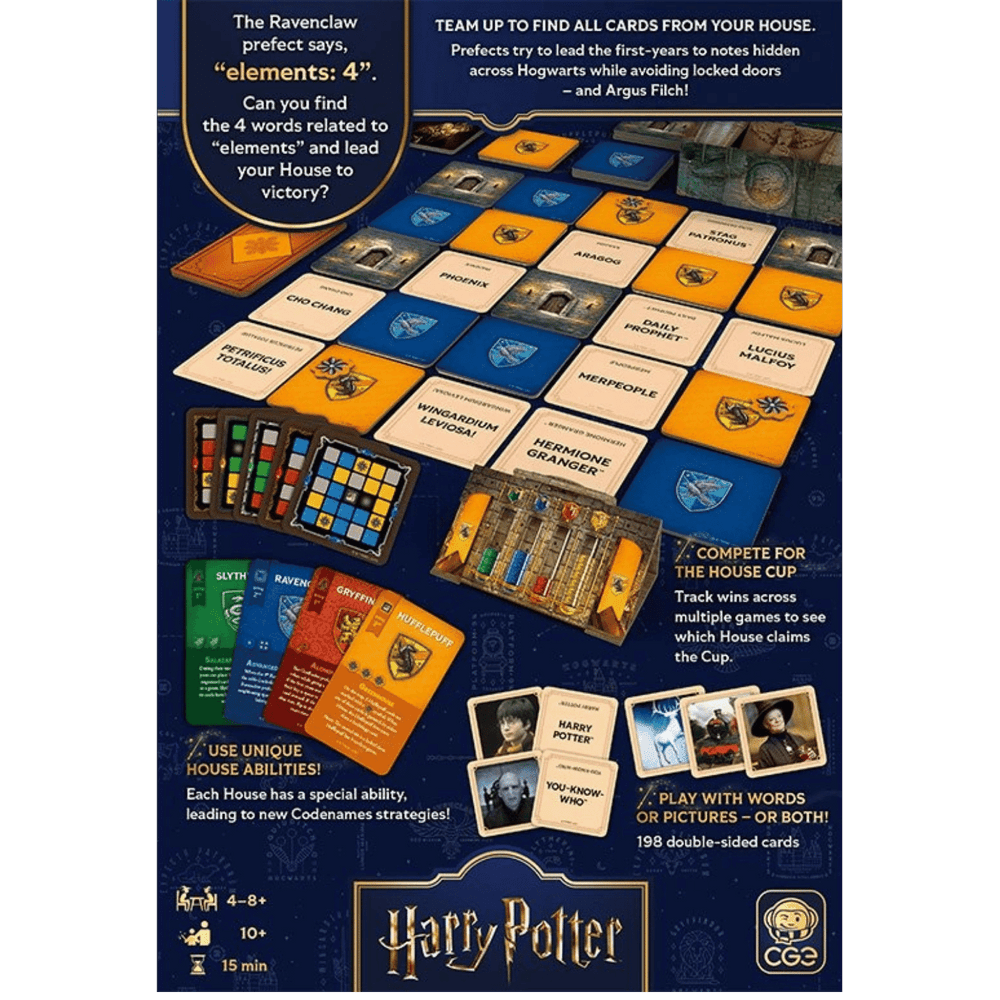 Harry Potter Codenames game components laid out: blue/gold word cards, house cards, and character cards