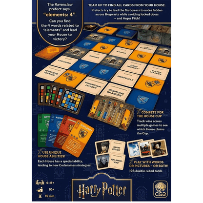 Harry Potter Codenames game components laid out: blue/gold word cards, house cards, and character cards