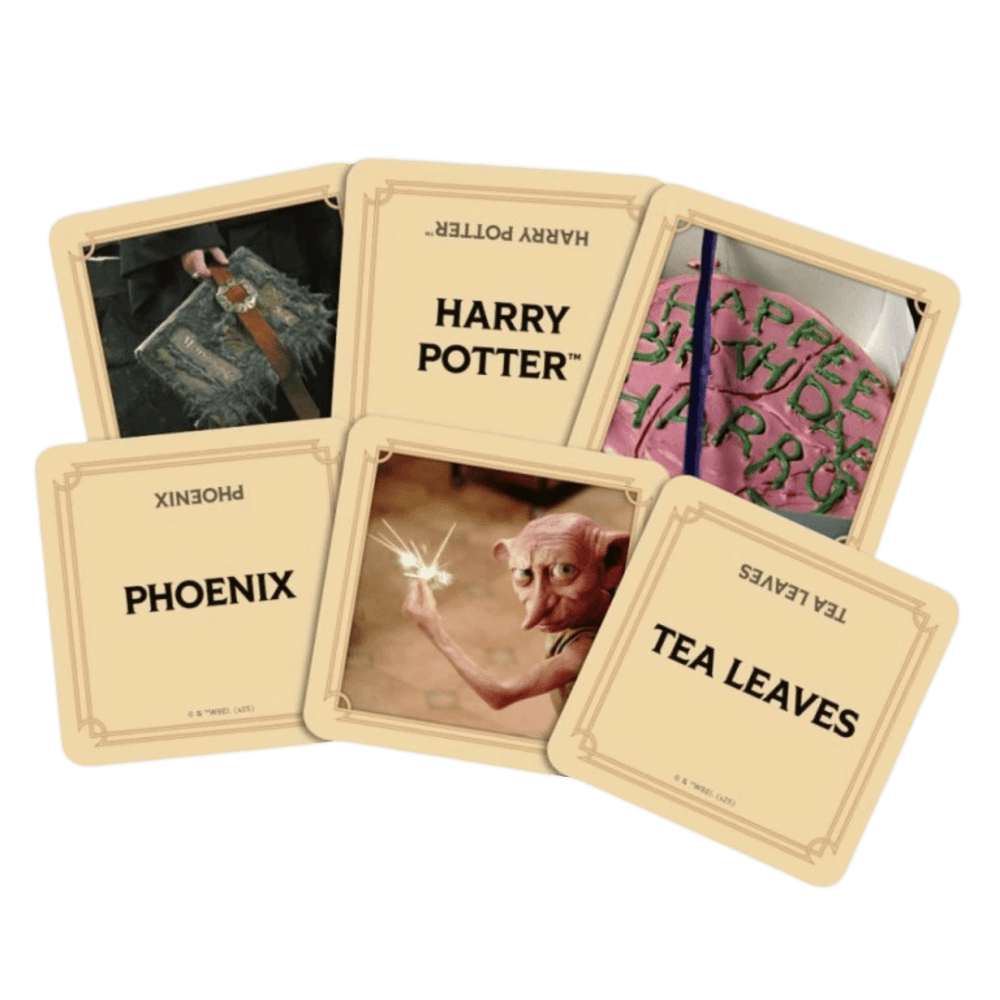 A fan of Harry Potter game cards showing Dobby, a "HAPPEE BIRTHDAE HARRY" cake, and text cards