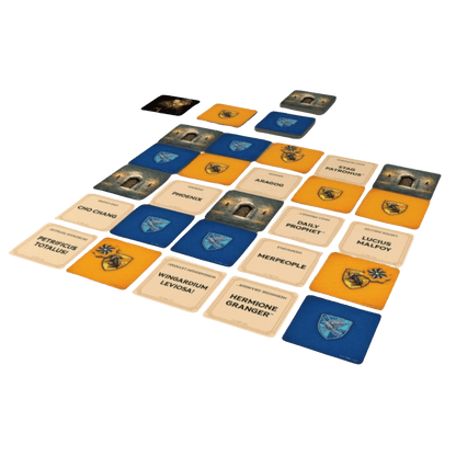 A grid of Harry Potter board game cards featuring characters, spells, and Hogwarts house crests