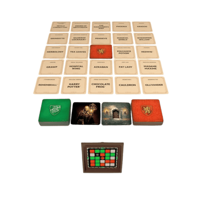 Harry Potter board game pieces: a grid of beige clue cards, green & red house card stacks, and a colored grid tracker
