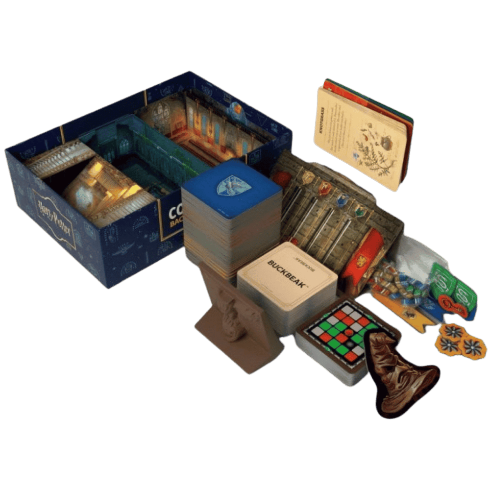 Harry Potter board game components: open box with Hogwarts art, stacks of cards, a rulebook, Sorting Hat, and tokens