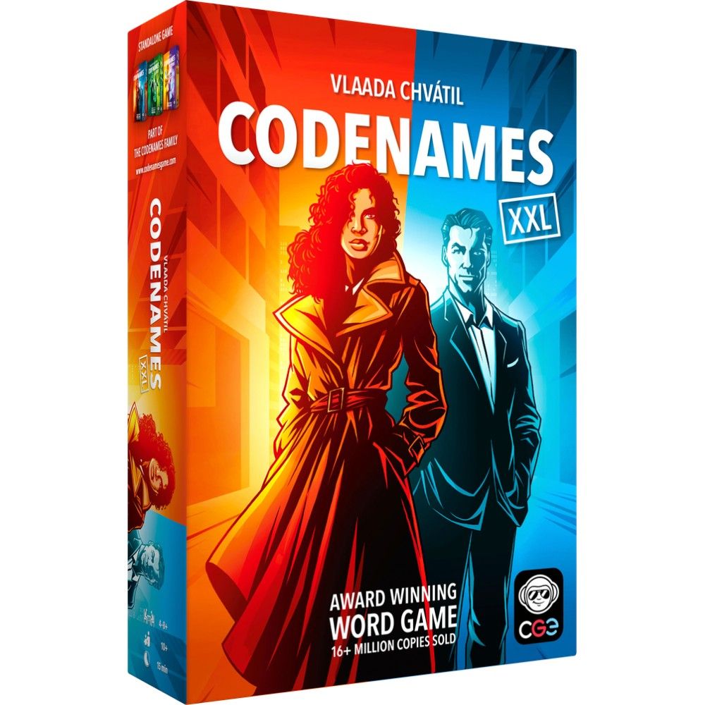 Codenames XXL board game box, featuring a stylized woman in a trench coat and a man in a suit against a red and blue background