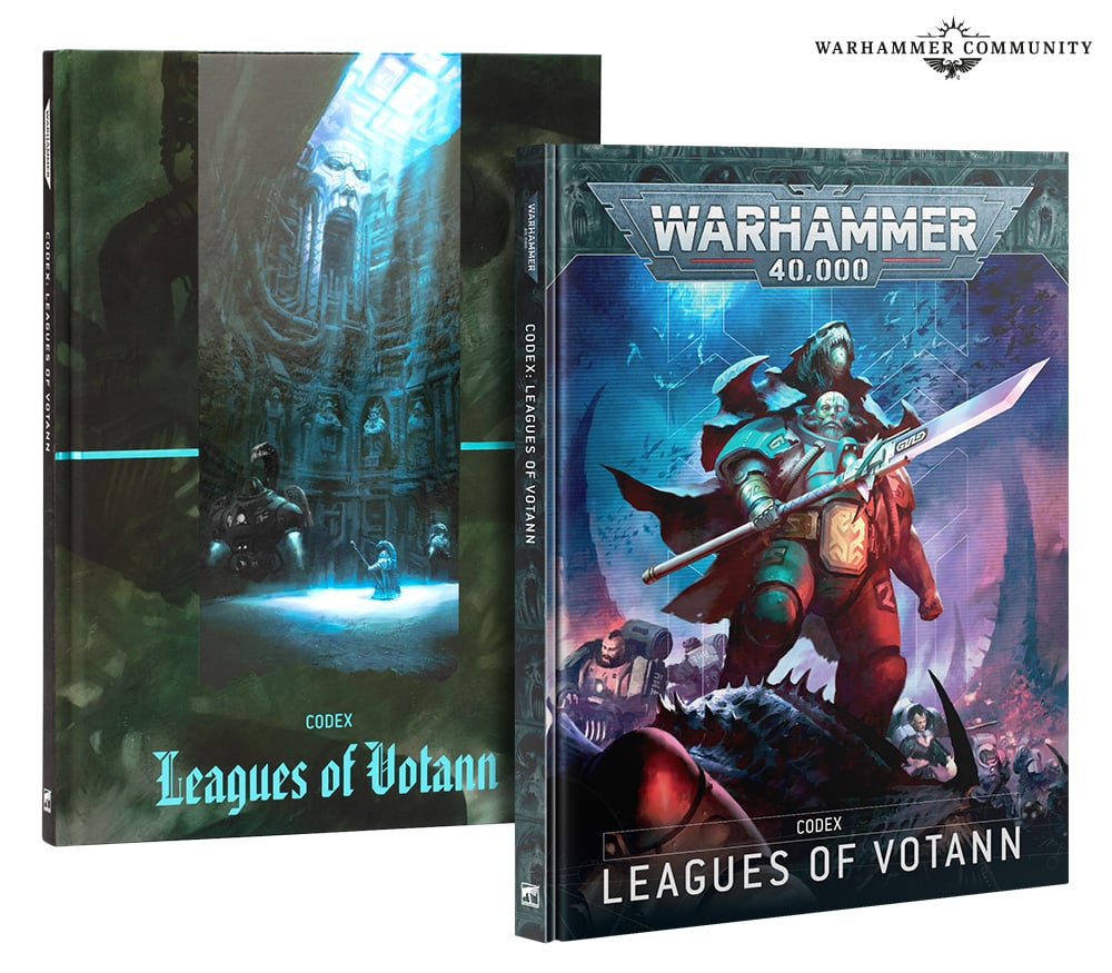 Two Warhammer 40,000 Leagues of Votann codex books. Front cover: armored warrior with sword. Back cover: blue-lit cavern