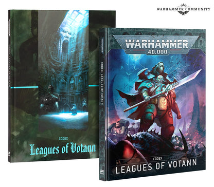 Two Warhammer 40,000 Leagues of Votann codex books. Front cover: armored warrior with sword. Back cover: blue-lit cavern