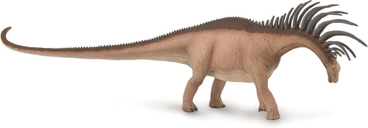 A brown Bajadasaurus dinosaur toy with long spines on its neck and back and a long curved tail, standing on a white background