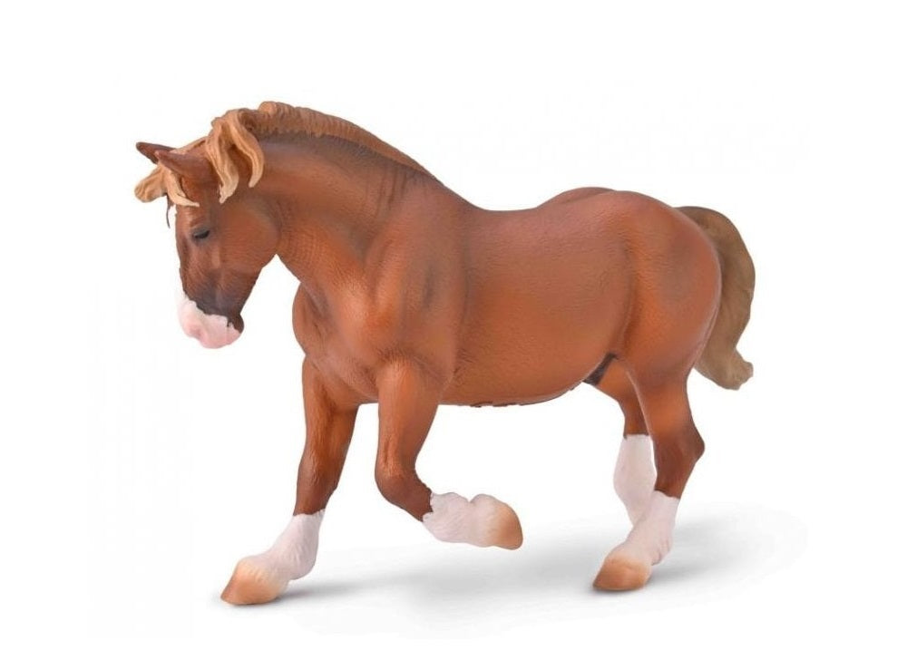Brown draft horse figurine with white blaze and socks, posed in mid-stride on a white background