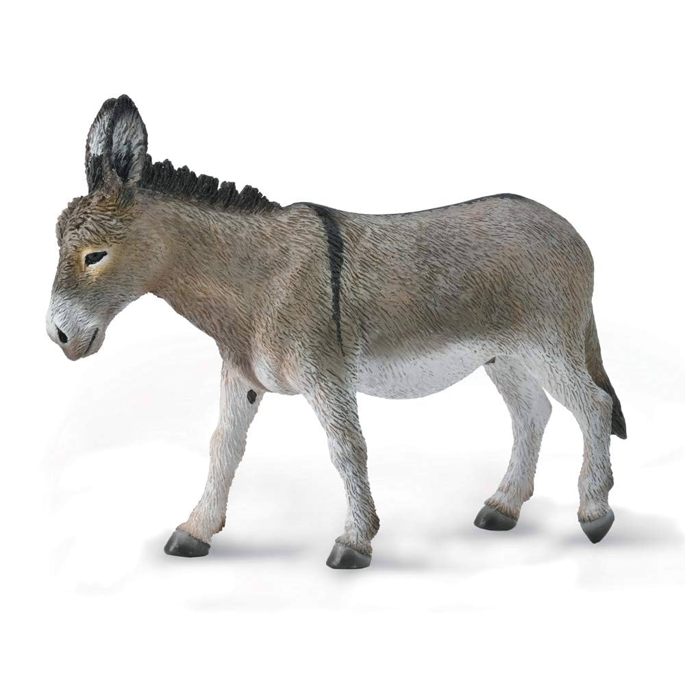 A gray-brown donkey figurine with a dark mane and a stripe on its back stands on a white background