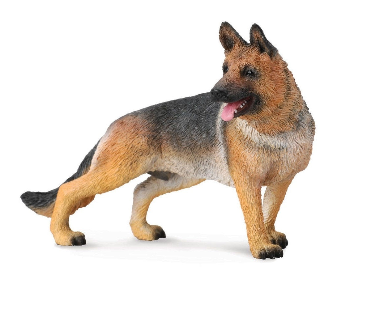 German Shepherd figurine standing, looking right with mouth open and tongue out. Features black and tan fur