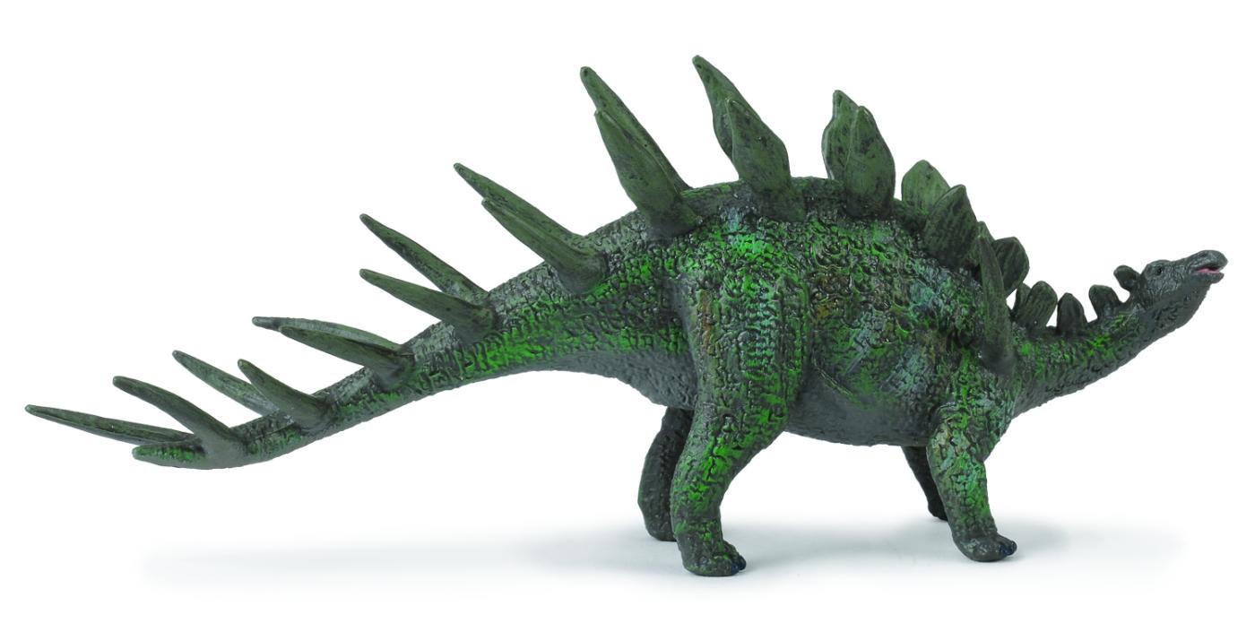 Textured green dinosaur toy with prominent spikes on its back and tail, standing on white