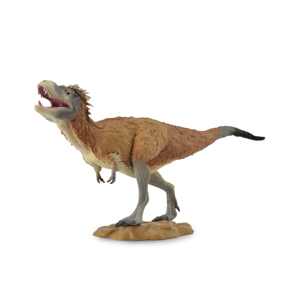 Feathered brown dinosaur toy roaring with an open mouth, standing on a small rocky base