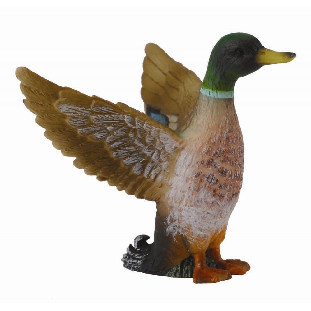 Mallard duck figurine with a green head, brown body and wide-spread wings
