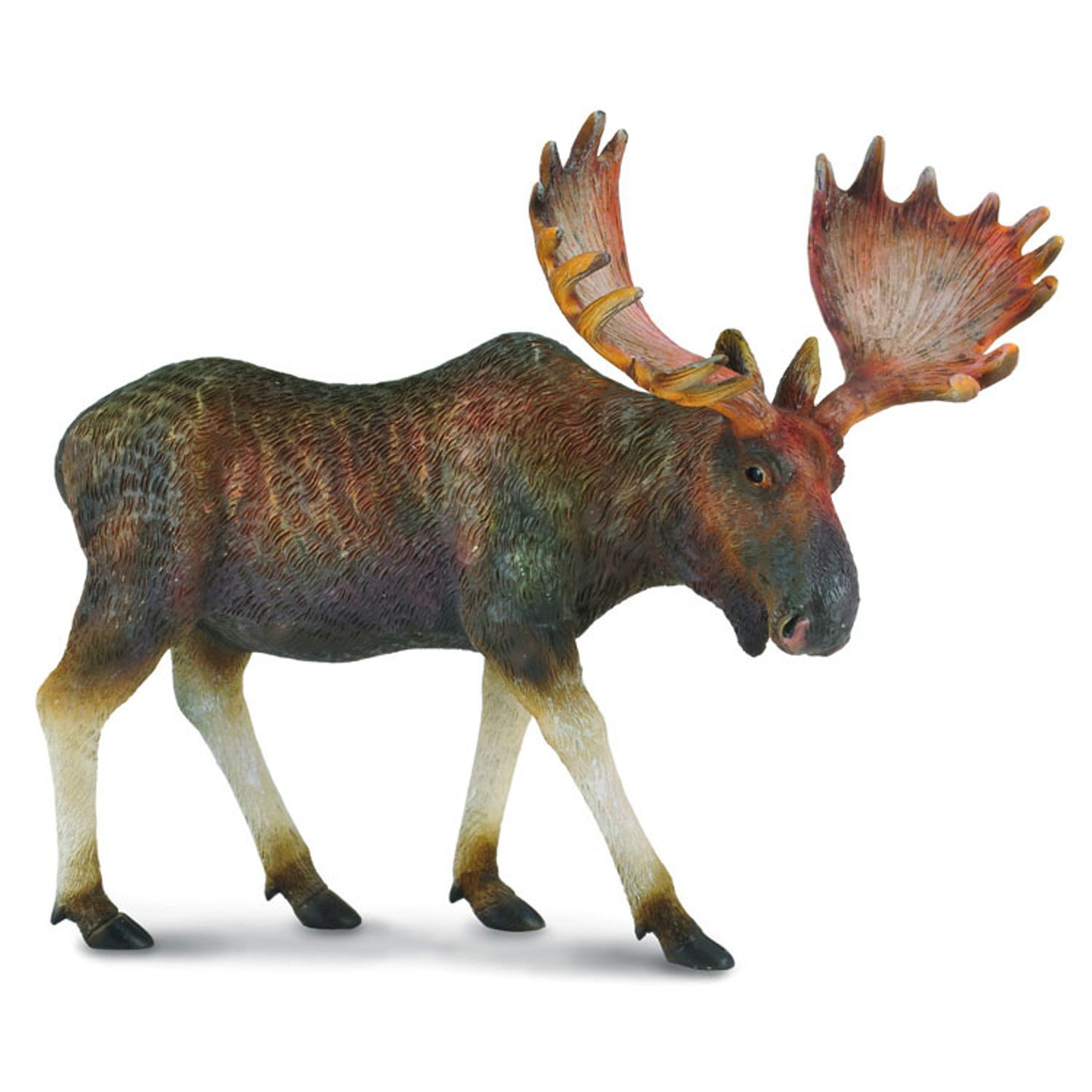A figurine of a moose with large, reddish-brown antlers walking